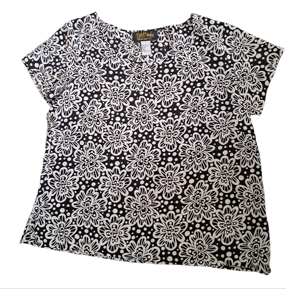 BOB MACKIE Wearable art SILK black white floral short sleeve top blouse ladies L